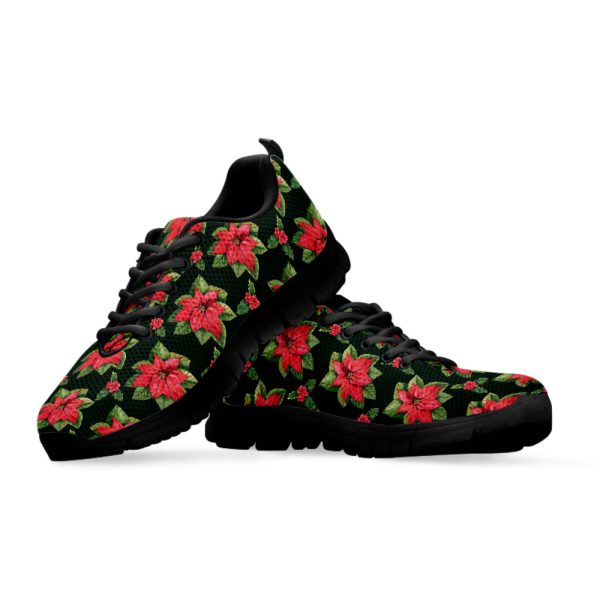 Watercolor Christmas Poinsettia Print Black Running Shoes, Gift For Men And Women