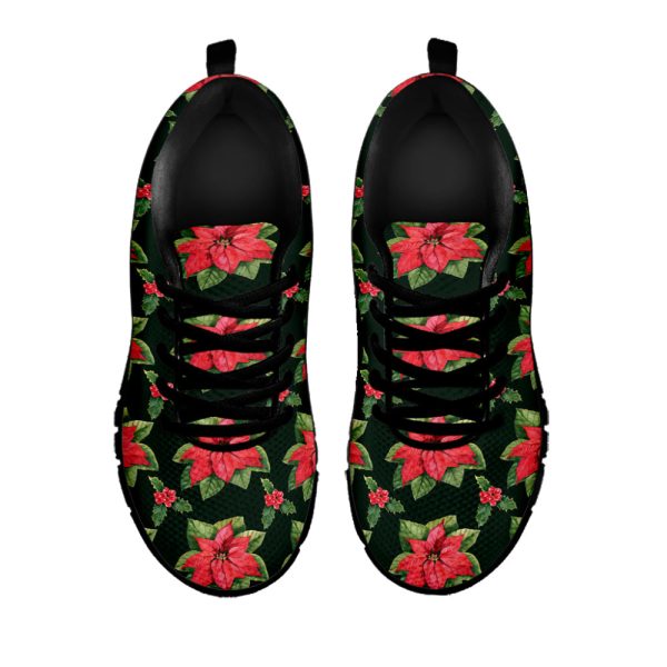 Watercolor Christmas Poinsettia Print Black Running Shoes, Gift For Men And Women