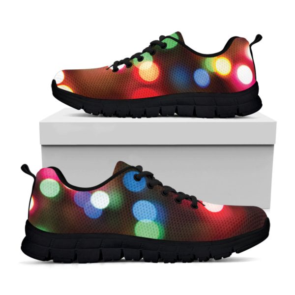 Defocused Christmas Lights Print Black Running Shoes, Gift For Men And Women