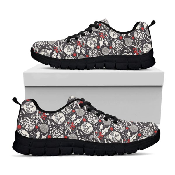 Vintage Christmas Decorations Print Black Running Shoes, Gift For Men And Women