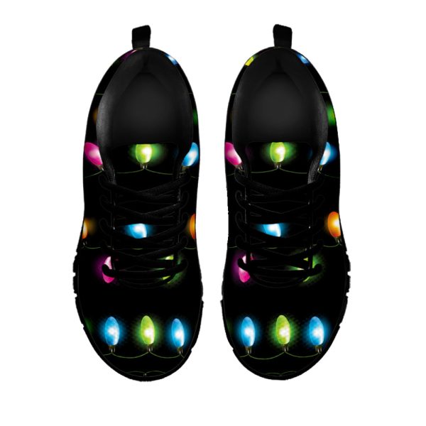 Colorful Christmas Lights Print Black Running Shoes, Gift For Men And Women