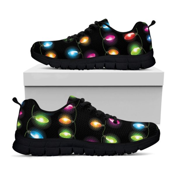 Colorful Christmas Lights Print Black Running Shoes, Gift For Men And Women