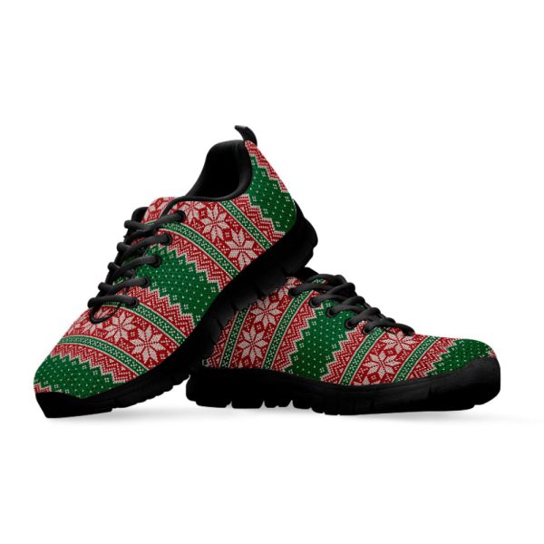 Christmas Knitted Pattern Print Black Running Shoes, Gift For Men And Women