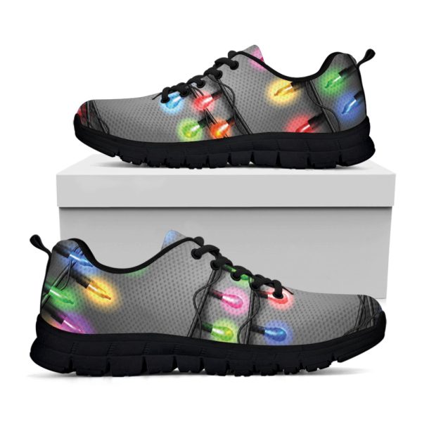 Christmas Holiday Lights Print Black Running Shoes, Gift For Men And Women