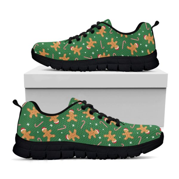 Christmas Gingerbread Pattern Print Black Running Shoes, Gift For Men And Women