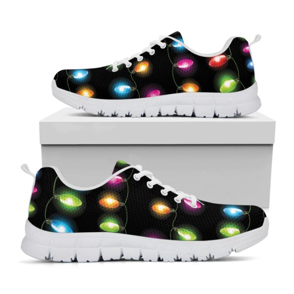 Colorful Christmas Lights Print White Running Shoes, Gift For Men And Women