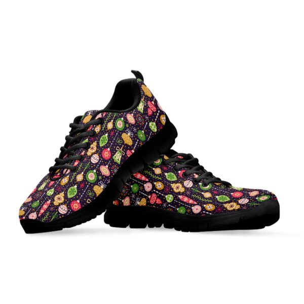 Christmas Baubles Pattern Print Black Running Shoes, Gift For Men And Women