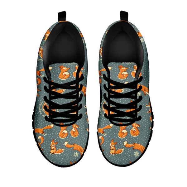 Christmas Fox Pattern Print Black Running Shoes, Gift For Men And Women