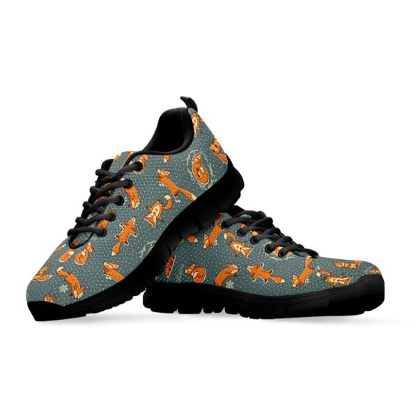 Christmas Fox Pattern Print Black Running Shoes, Gift For Men And Women