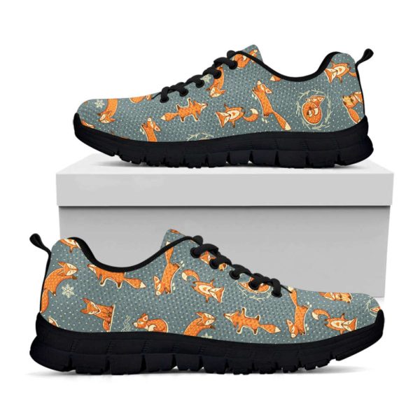 Christmas Fox Pattern Print Black Running Shoes, Gift For Men And Women