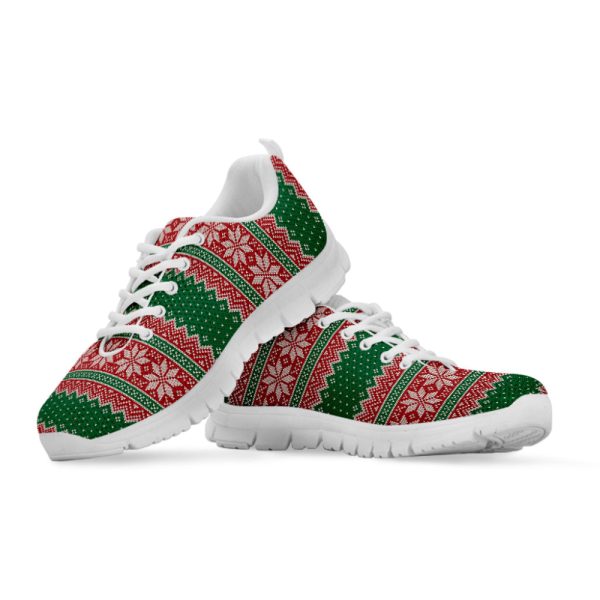 Christmas Knitted Pattern Print White Running Shoes, Gift For Men And Women