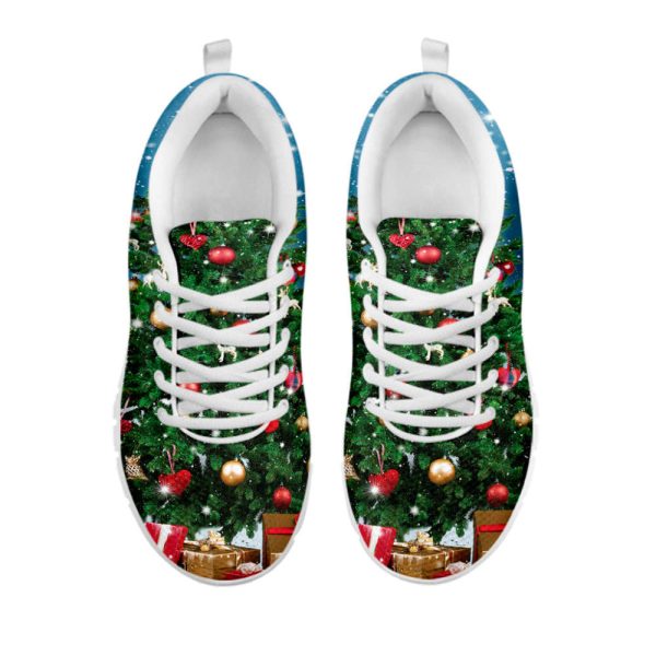 Christmas Tree And Snow Print White Running Shoes, Gift For Men And Women