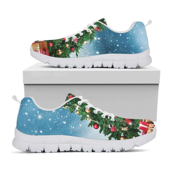 Christmas Tree And Snow Print White Running Shoes, Gift For Men And Women