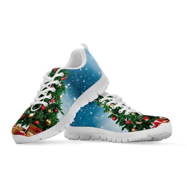 Christmas Tree And Snow Print White Running Shoes, Gift For Men And Women