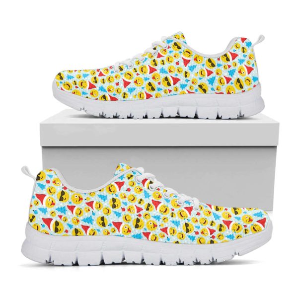 Christmas Emoji Pattern Print White Running Shoes, Gift For Men And Women