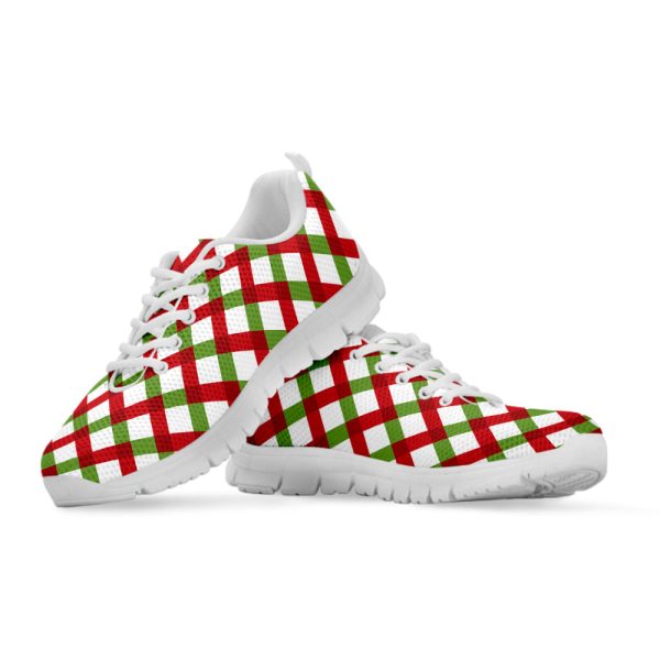 Merry Christmas Checkered Pattern Print White Running Shoes, Gift For Men And Women