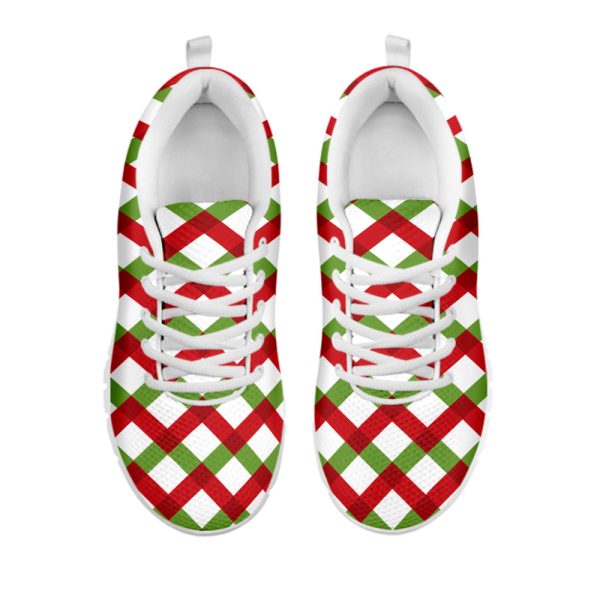 Merry Christmas Checkered Pattern Print White Running Shoes, Gift For Men And Women