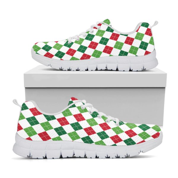 Merry Christmas Argyle Pattern Print White Running Shoes, Gift For Men And Women