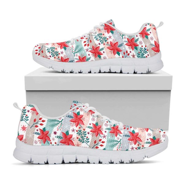 Cute Christmas Poinsettia Pattern Print White Running Shoes, Gift For Men And Women