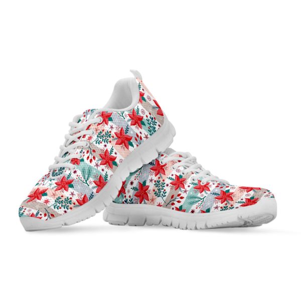 Cute Christmas Poinsettia Pattern Print White Running Shoes, Gift For Men And Women