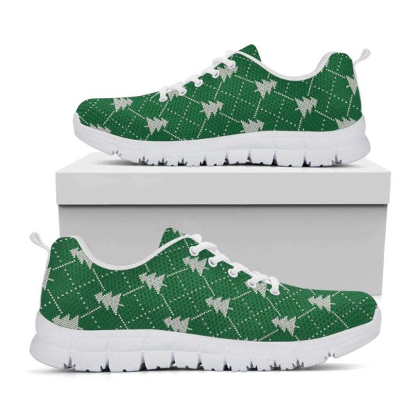 Christmas Tree Knitted Pattern Print White Running Shoes, Gift For Men And Women