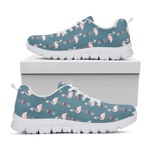 Christmas Snowy Flamingo Pattern Print White Running Shoes, Gift For Men And Women