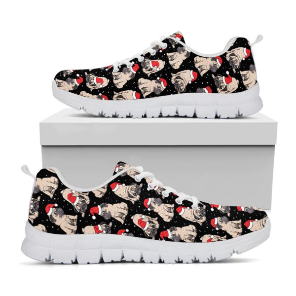 Christmas Santa Pug Pattern Print White Running Shoes, Gift For Men And Women