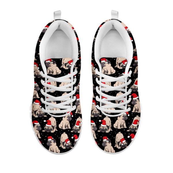 Christmas Santa Pug Pattern Print White Running Shoes, Gift For Men And Women