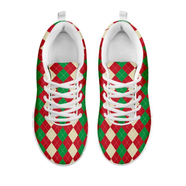 Christmas Themed Argyle Pattern Print White Running Shoes, Gift For Men And Women