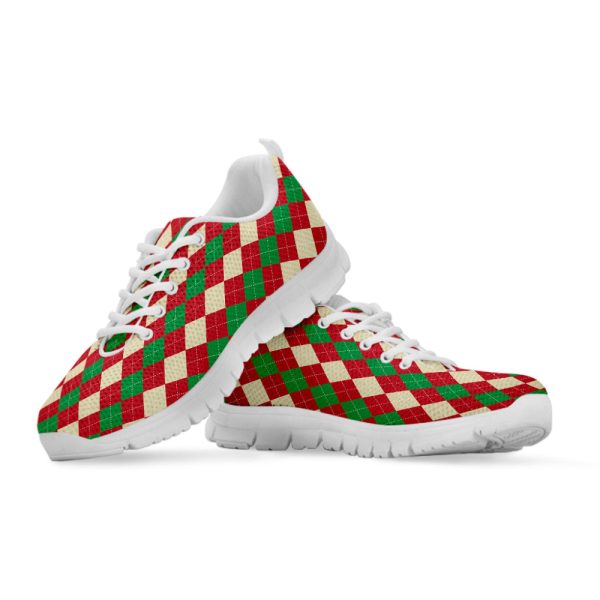 Christmas Themed Argyle Pattern Print White Running Shoes, Gift For Men And Women