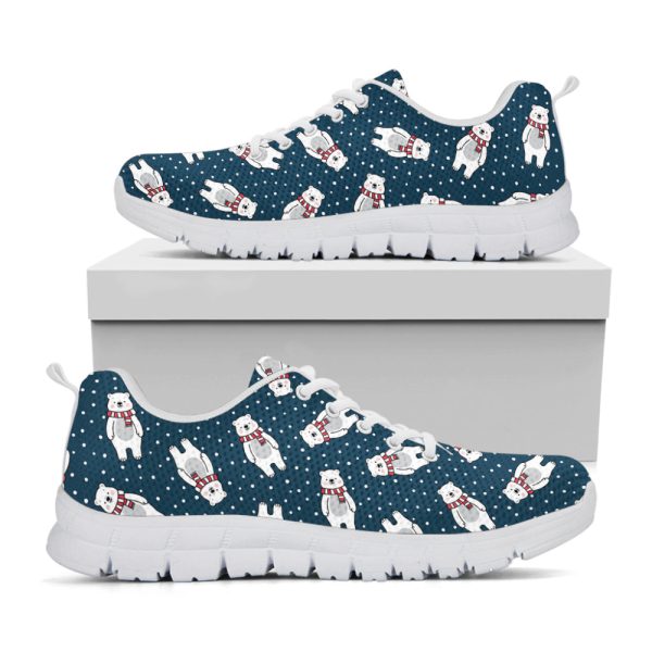 Christmas Polar Bear Pattern Print White Running Shoes, Gift For Men And Women