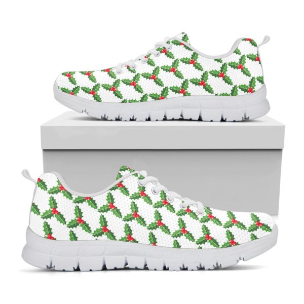 Christmas Holly Berry Pattern Print White Running Shoes, Gift For Men And Women