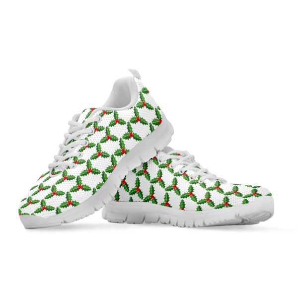 Christmas Holly Berry Pattern Print White Running Shoes, Gift For Men And Women