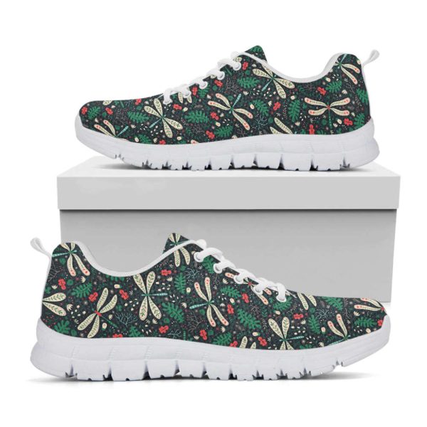 Christmas Floral Dragonfly Pattern Print White Running Shoes, Gift For Men And Women