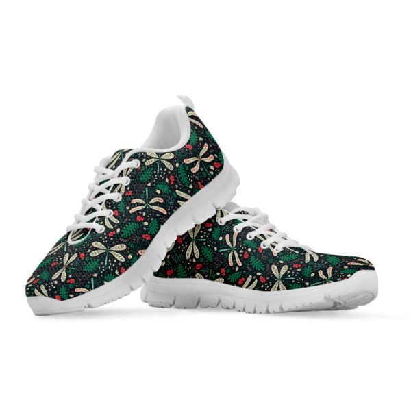 Christmas Floral Dragonfly Pattern Print White Running Shoes, Gift For Men And Women