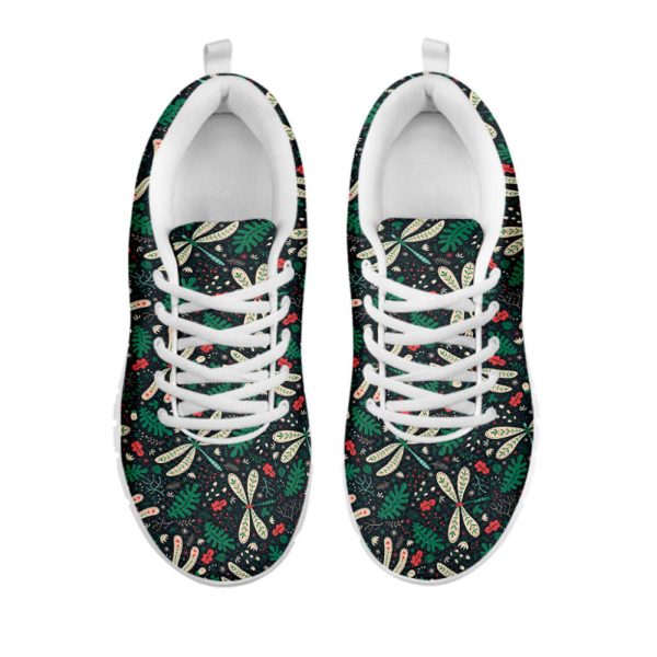 Christmas Floral Dragonfly Pattern Print White Running Shoes, Gift For Men And Women