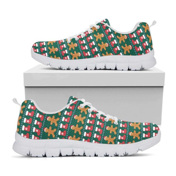 Christmas Gingerbread Man Pattern Print White Running Shoes, Gift For Men And Women