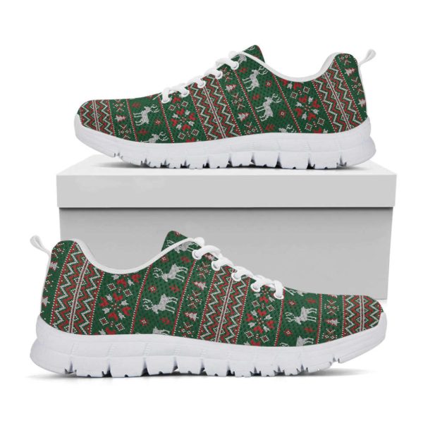 Christmas Holiday Knitted Pattern Print White Running Shoes, Gift For Men And Women