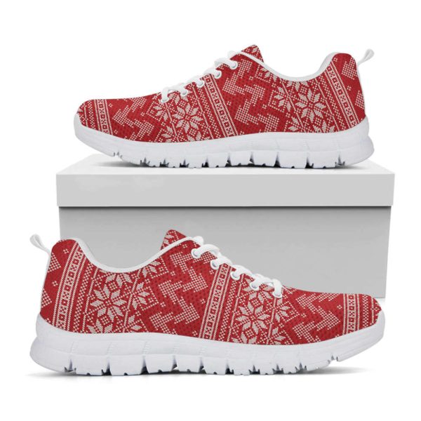 Christmas Festive Knitted Pattern Print White Running Shoes, Gift For Men And Women