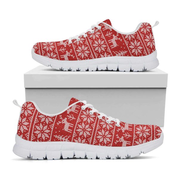 Christmas Deer Knitted Pattern Print White Running Shoes, Gift For Men And Women