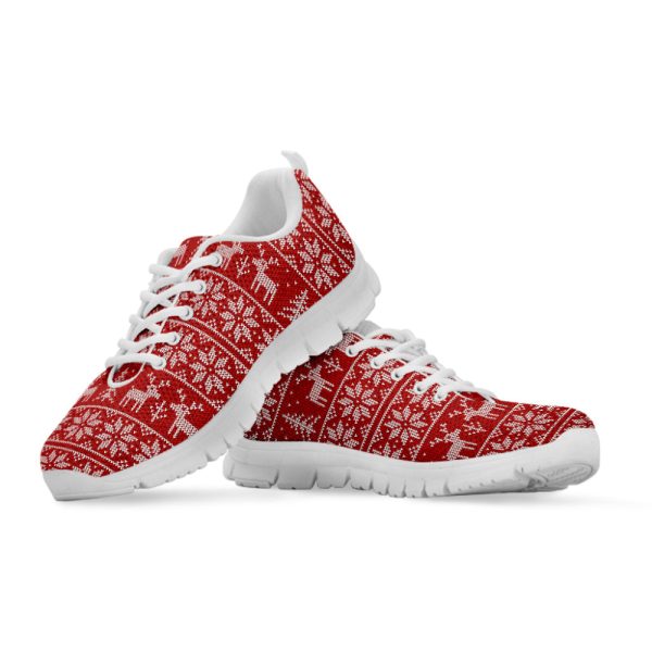 Christmas Deer Knitted Pattern Print White Running Shoes, Gift For Men And Women