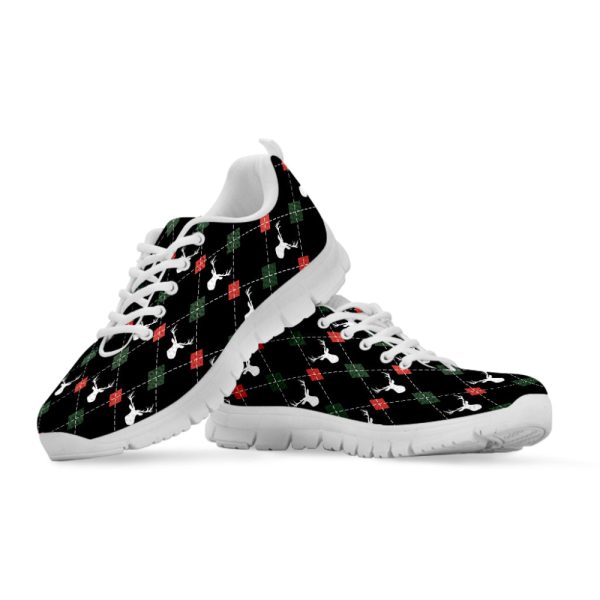 Christmas Deer Argyle Pattern Print White Running Shoes, Gift For Men And Women