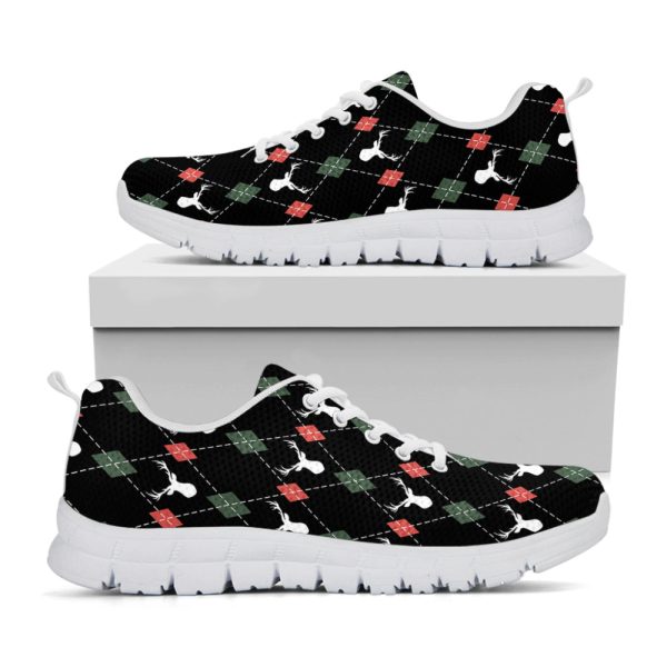 Christmas Deer Argyle Pattern Print White Running Shoes, Gift For Men And Women