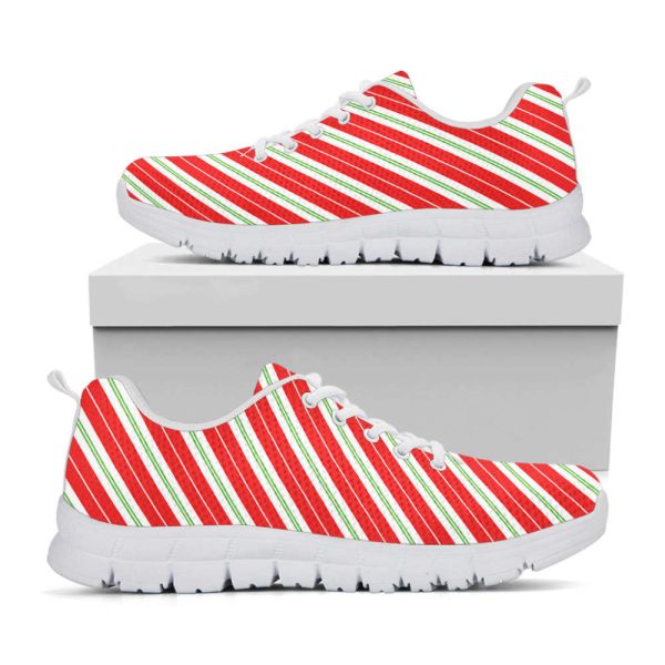 Christmas Candy Cane Stripes Print White Running Shoes, Gift For Men And Women