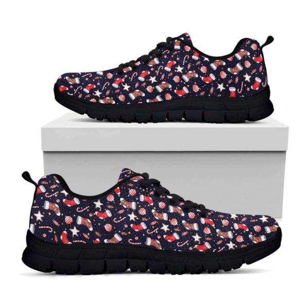 Watercolor Merry Christmas Pattern Print Black Running Shoes, Gift For Men And Women