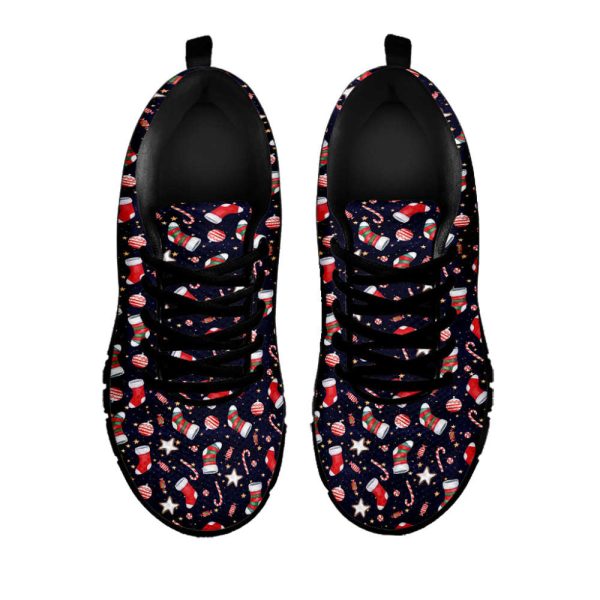 Watercolor Merry Christmas Pattern Print Black Running Shoes, Gift For Men And Women