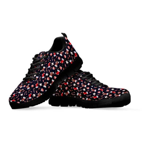 Watercolor Merry Christmas Pattern Print Black Running Shoes, Gift For Men And Women