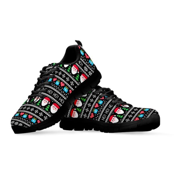 Pixel Christmas Santa Claus Print Black Running Shoes, Gift For Men And Women