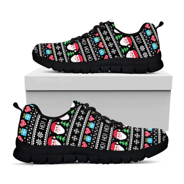 Pixel Christmas Santa Claus Print Black Running Shoes, Gift For Men And Women