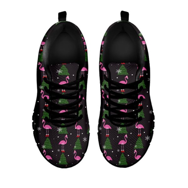Pink Christmas Flamingo Pattern Print Black Running Shoes, Gift For Men And Women